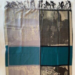 Reversible Teal Floral & Black Jacquard Shawl Wrap - 50% Acrylic 50% Viscose